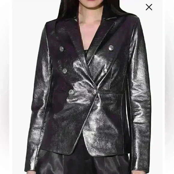 NWT WALTER BAKER Marley Double Breasted Metallic Leather Blazer SZ M in gunmetal - Picture 2 of 4